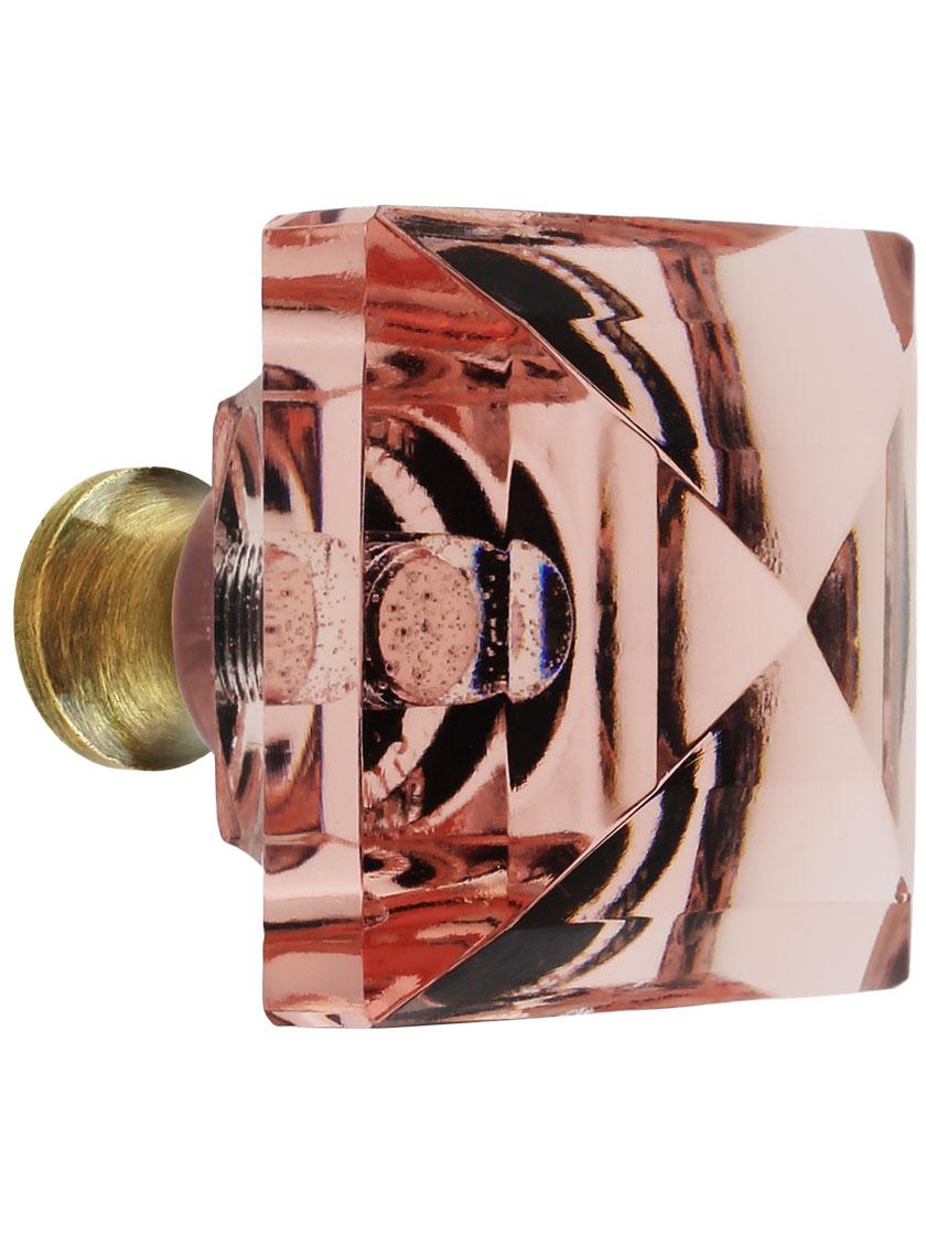 Pink Lead-Free Square Crystal Knob with Solid Brass Base in Antique Brass.